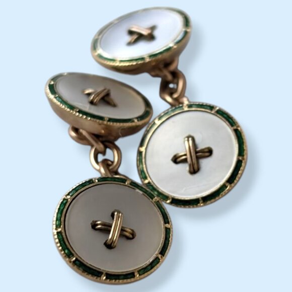 Antique 14k Gold Hand-Enameled Hinge-Back Cuff Links - Picture 4 of 7